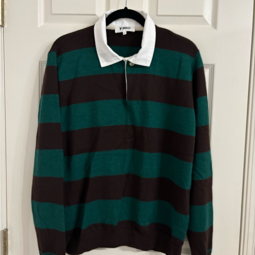 YMC Green and Brown Striped Polo with White Collar